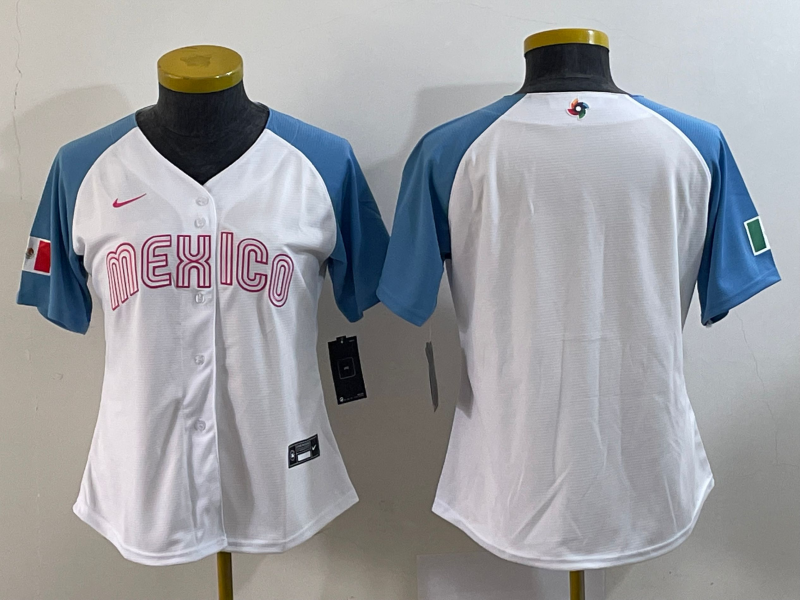 Women's Mexico Baseball Blank 2023 White Blue World Baseball Classic Stitched Jersey(Run Small)